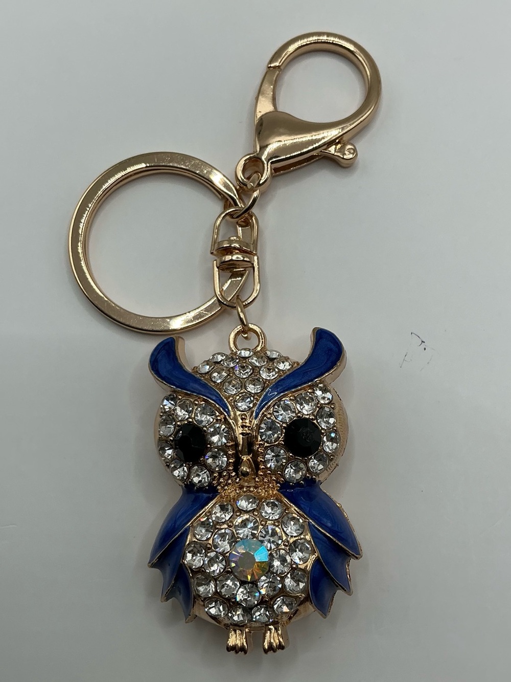 GOLD TONE BLUE ENAMEL RHINESTONE OWL BAG CHARM KEYCHAIN NWOT